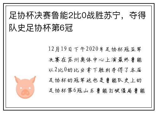 足协杯决赛鲁能2比0战胜苏宁，夺得队史足协杯第6冠